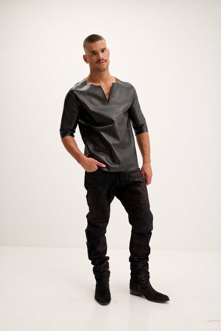 Men's Lambskin Leather V-Neck Shirt - Dark Brown | Ron Tomson