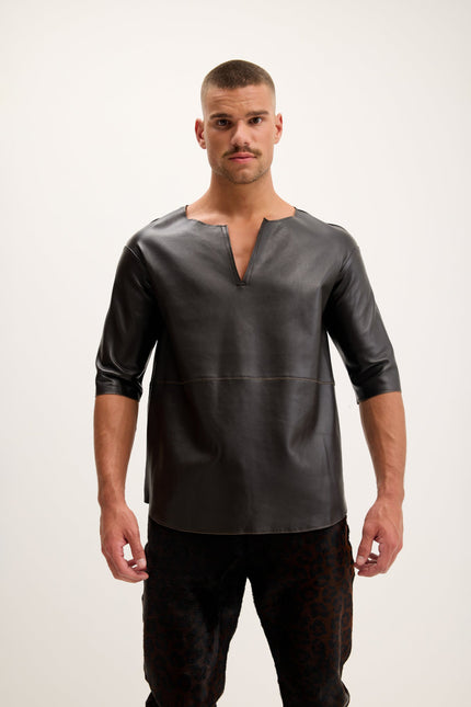 Men's Lambskin Leather V-Neck Shirt - Dark Brown | Ron Tomson