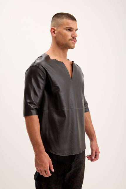 Men's Lambskin Leather V-Neck Shirt - Dark Brown | Ron Tomson
