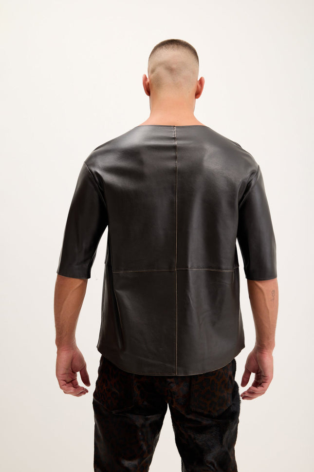 Men's Lambskin Leather V-Neck Shirt - Dark Brown | Ron Tomson