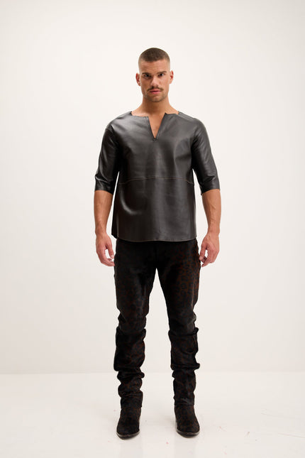 Men's Lambskin Leather V-Neck Shirt - Dark Brown | Ron Tomson