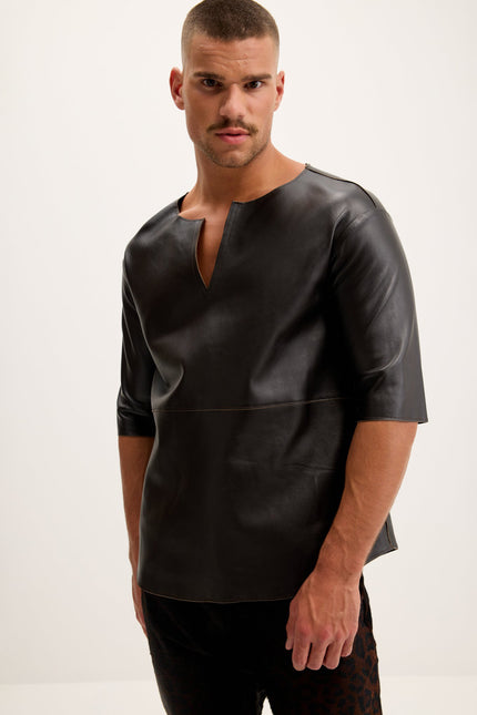 Men's Lambskin Leather V-Neck Shirt - Dark Brown | Ron Tomson