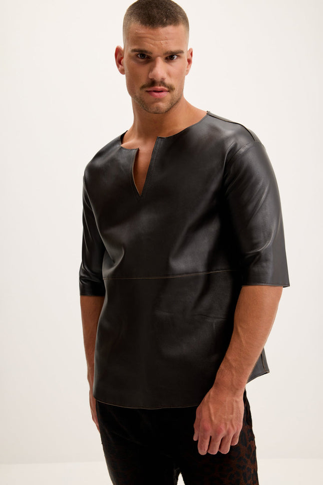 Men's Lambskin Leather V-Neck Shirt - Dark Brown | Ron Tomson