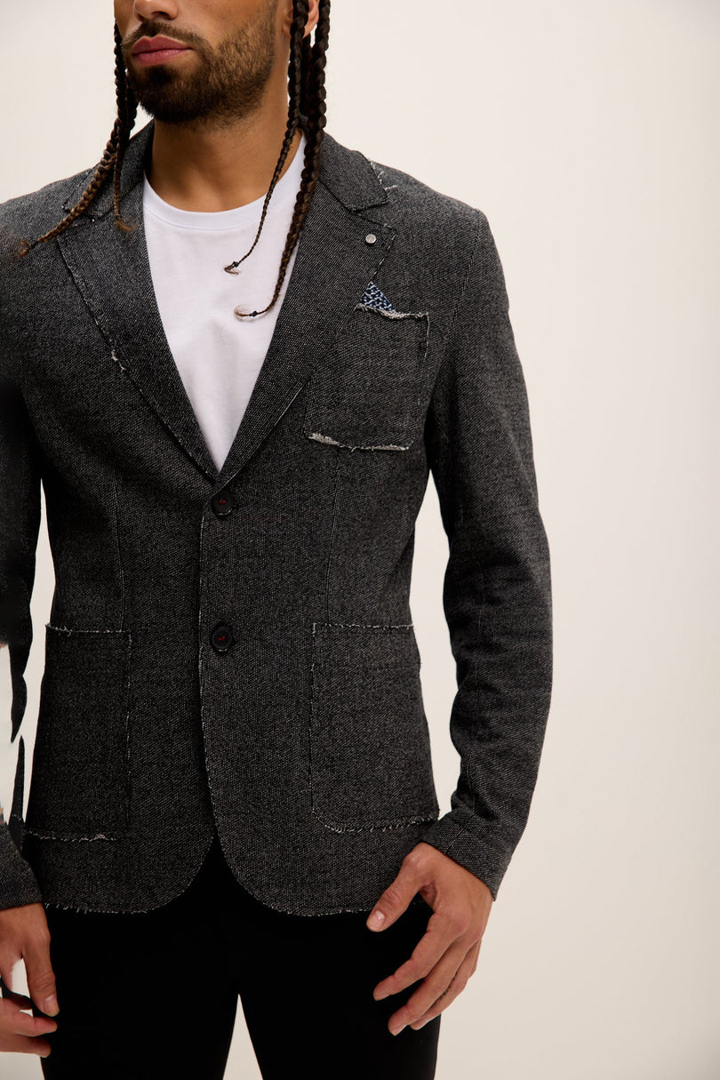 Men's Raw-Edge Lapel Cardigan - Black | Ron Tomson