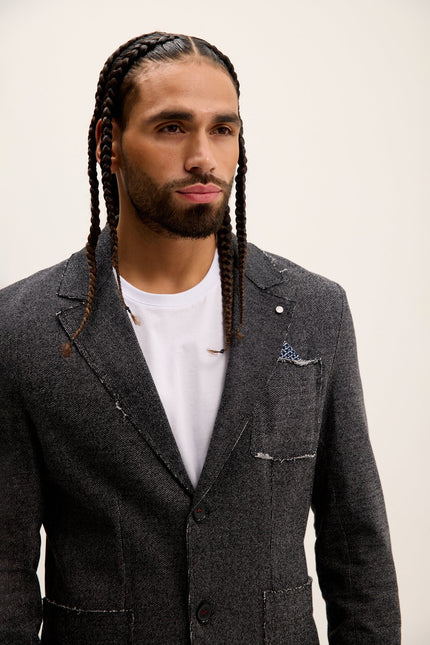 Men's Raw-Edge Lapel Cardigan - Black | Ron Tomson