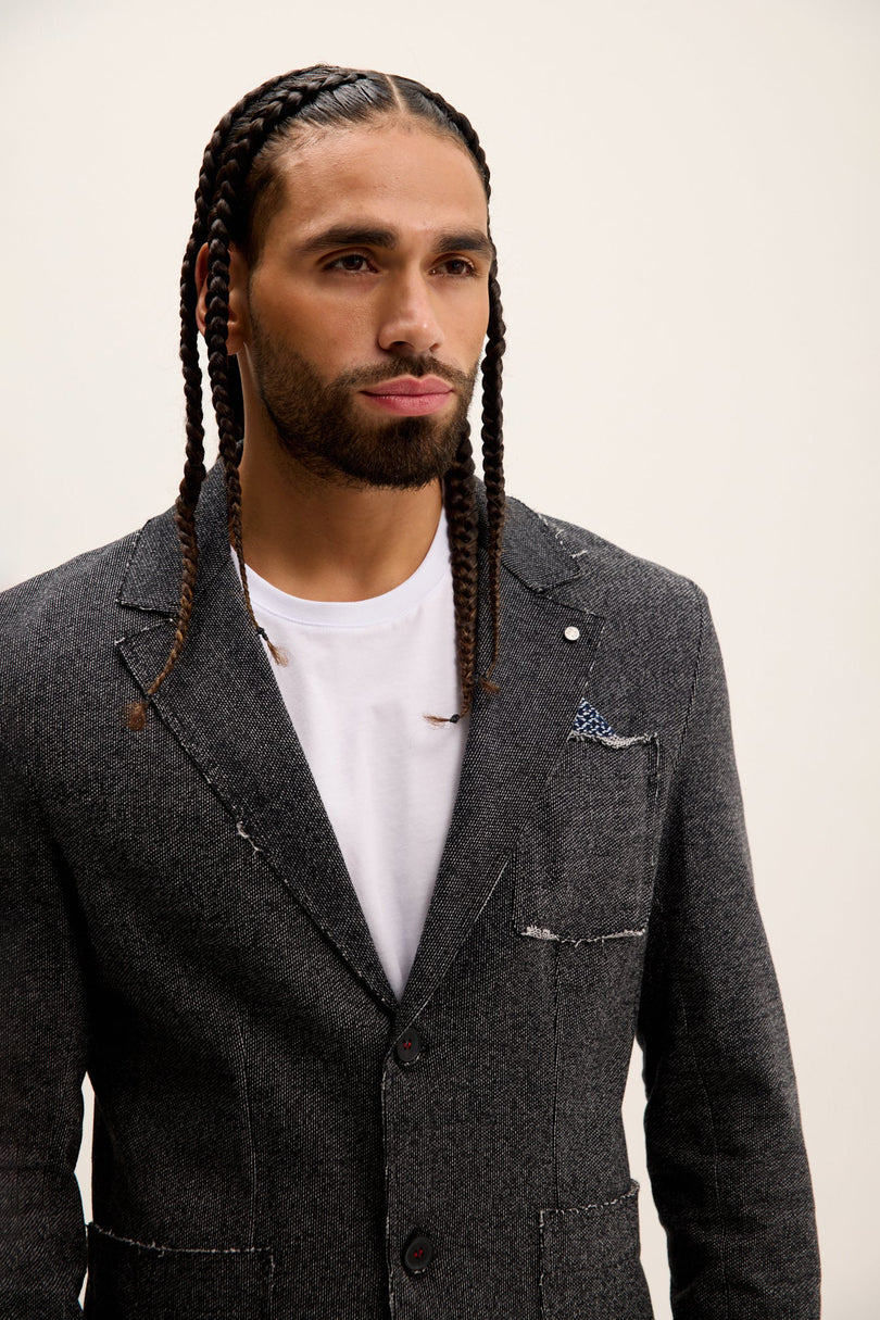 Men's Raw-Edge Lapel Cardigan - Black | Ron Tomson
