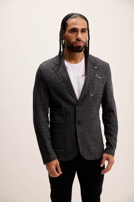 Men's Raw-Edge Lapel Cardigan - Black | Ron Tomson