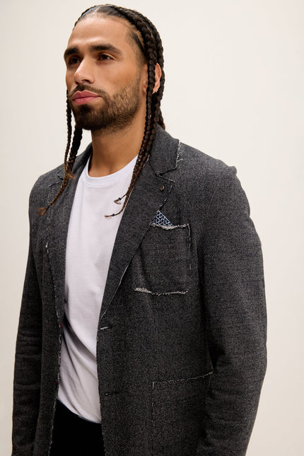 Men's Raw-Edge Lapel Cardigan - Black | Ron Tomson