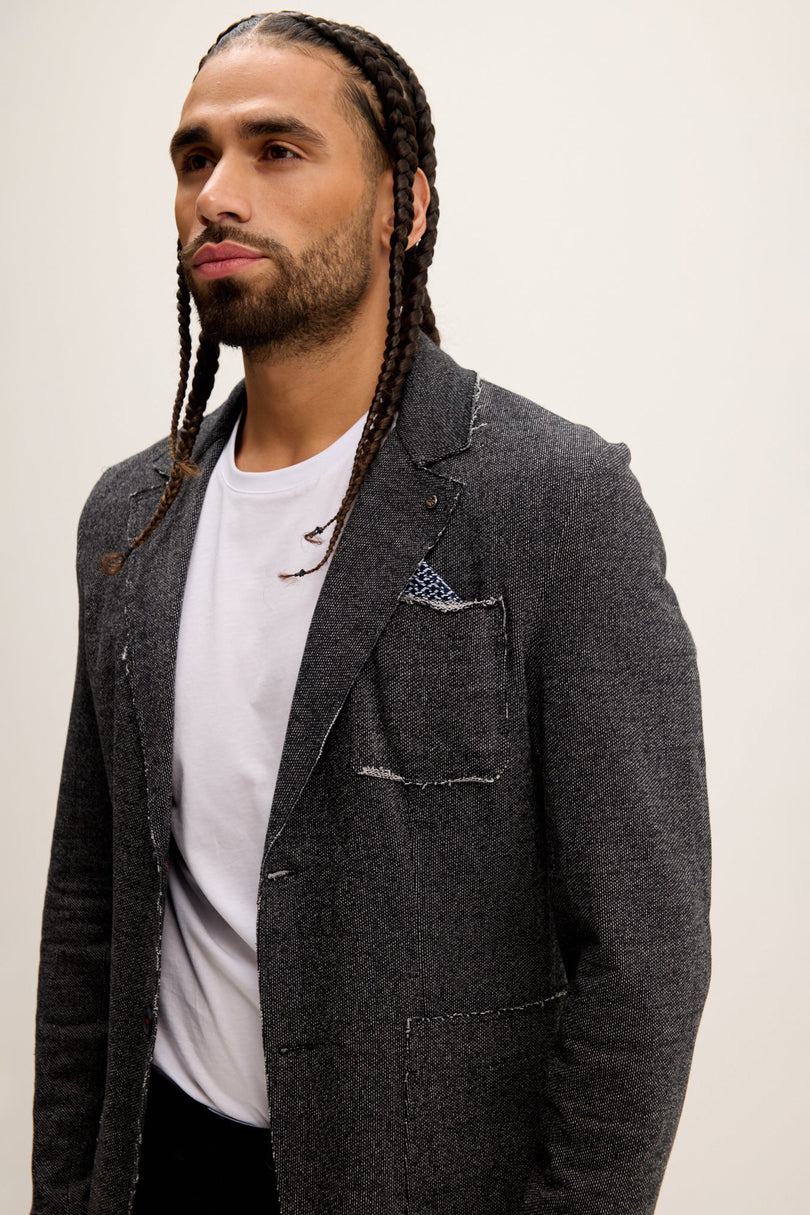 Men's Raw-Edge Lapel Cardigan - Black | Ron Tomson
