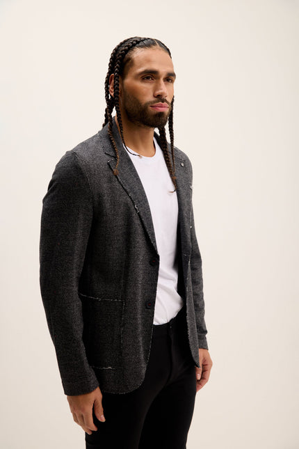 Men's Raw-Edge Lapel Cardigan - Black | Ron Tomson