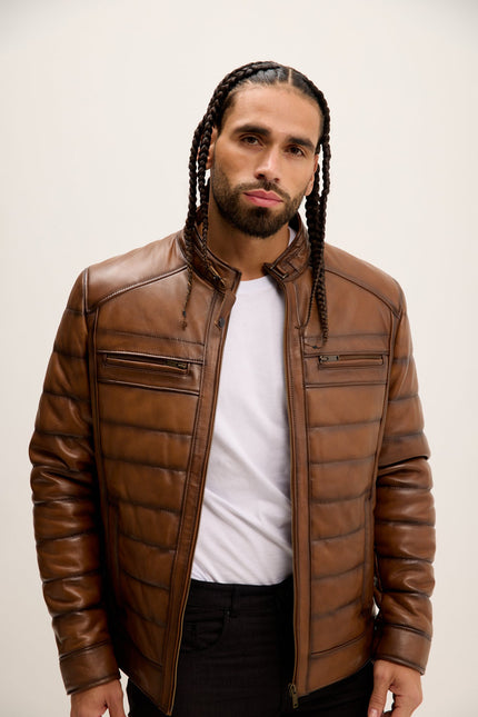 Men's Quilted Leather Motorcycle Jacket - Brown Tint | Ron Tomson