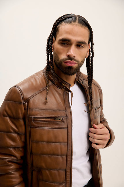 Men's Quilted Leather Motorcycle Jacket - Brown Tint | Ron Tomson