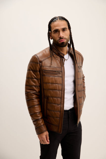 Men's Quilted Leather Motorcycle Jacket - Brown Tint | Ron Tomson
