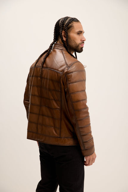 Men's Quilted Leather Motorcycle Jacket - Brown Tint | Ron Tomson
