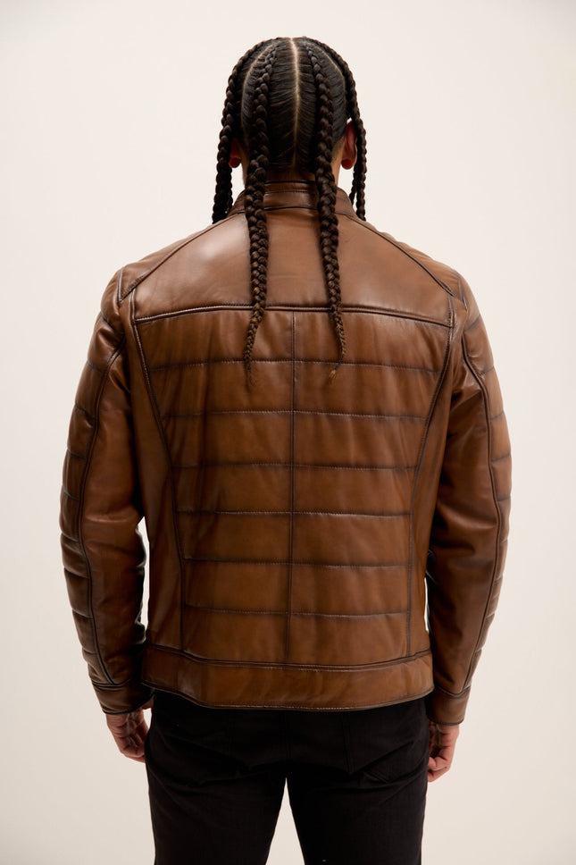 Men's Quilted Leather Motorcycle Jacket - Brown Tint | Ron Tomson