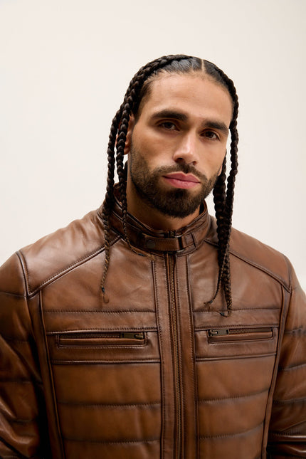 Men's Quilted Leather Motorcycle Jacket - Brown Tint | Ron Tomson