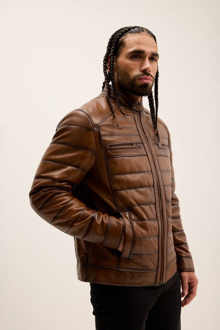 Men's Quilted Leather Motorcycle Jacket - Brown Tint | Ron Tomson