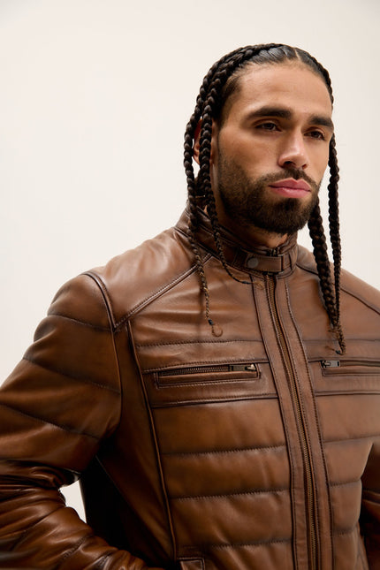 Men's Quilted Leather Motorcycle Jacket - Brown Tint | Ron Tomson