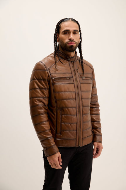 Men's Quilted Leather Motorcycle Jacket - Brown Tint | Ron Tomson