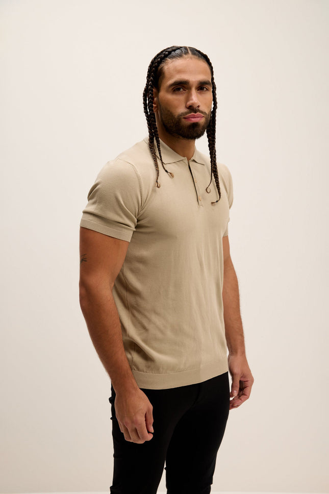 Men's Knit Polo Shirt - Dark Beige | Ron Tomson