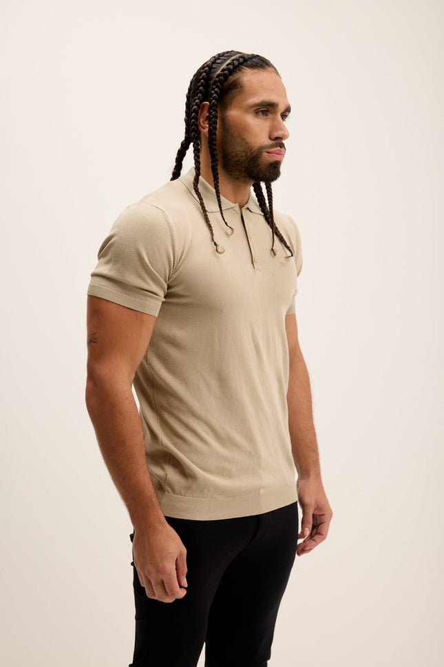 Men's Knit Polo Shirt - Dark Beige | Ron Tomson