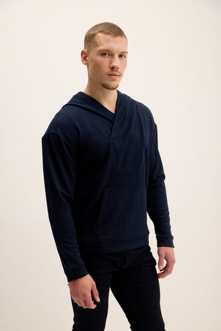 Men's V-Neck Hooded Sweater - Navy | Ron Tomson