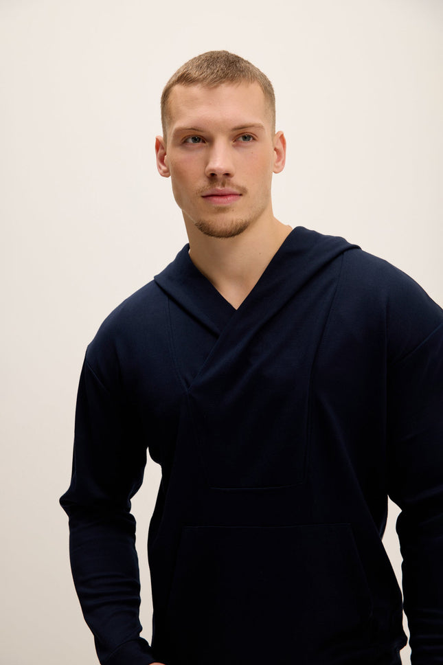 Men's V-Neck Hooded Sweater - Navy | Ron Tomson