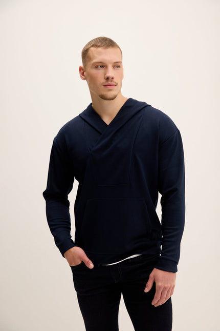Men's V-Neck Hooded Sweater - Navy | Ron Tomson