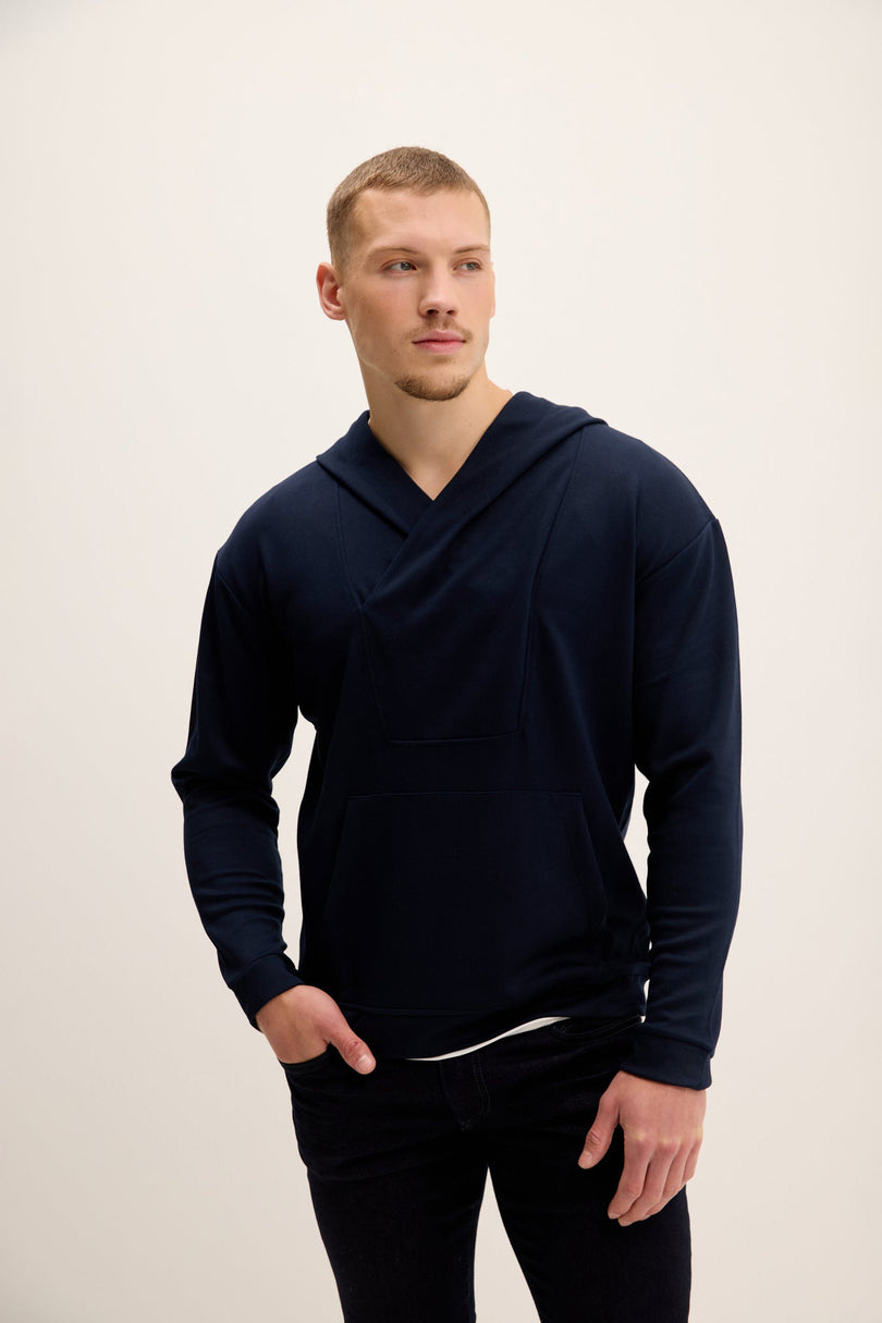 Men's V-Neck Hooded Sweater - Navy | Ron Tomson