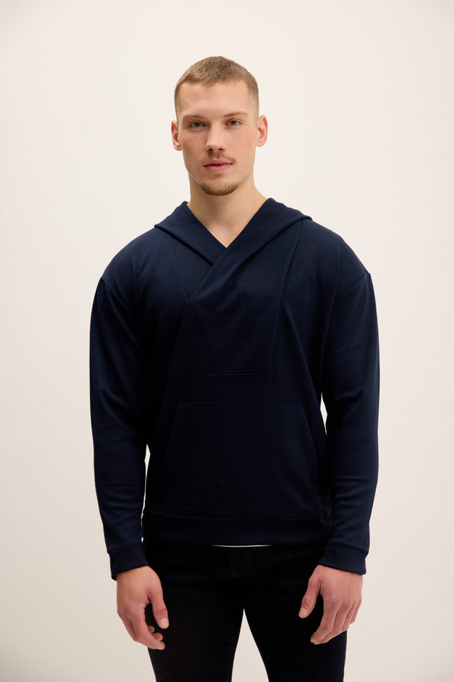Men's V-Neck Hooded Sweater - Navy | Ron Tomson