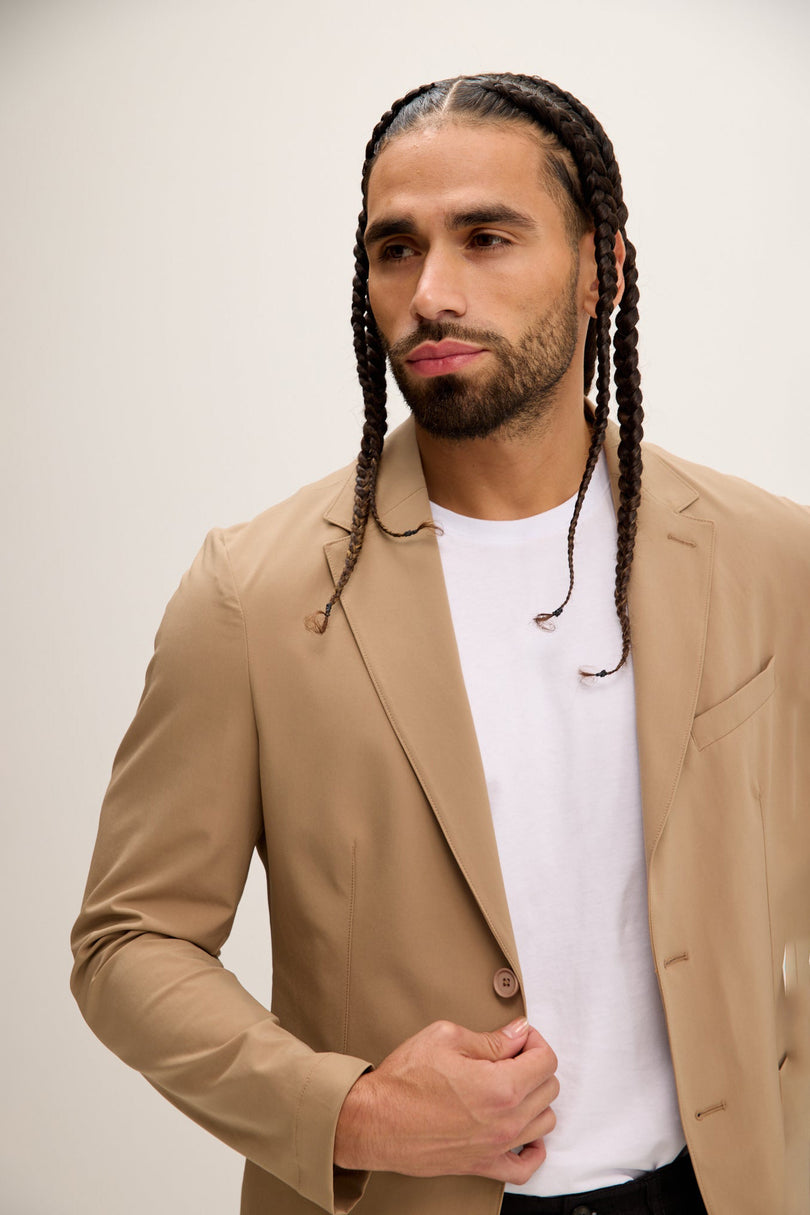 Men's Single-Breasted Notch Lapel Blazer - Camel | Ron Tomson