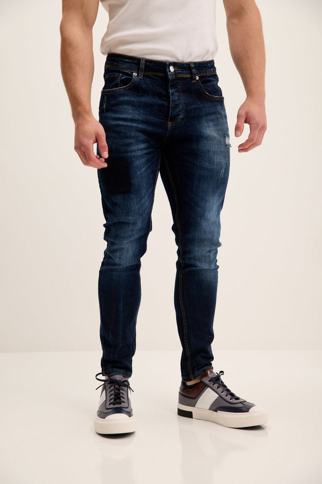 Men's Worn Skinny Jeans - Dark Blue | Ron Tomson