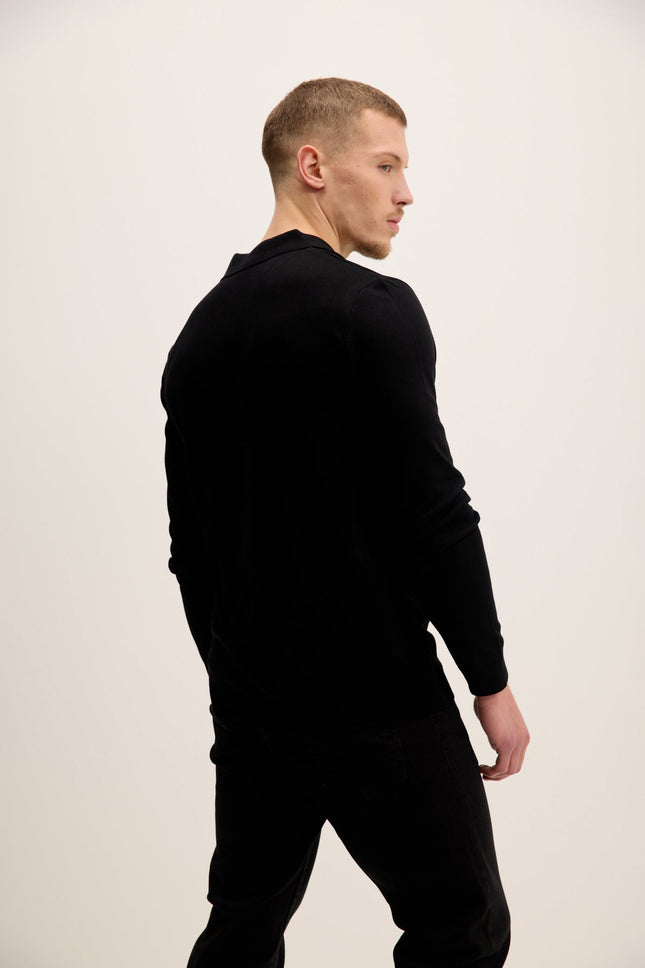 Men's Four Button-Down Polo Sweater - Black | Ron Tomson