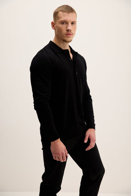 Men's Four Button-Down Polo Sweater - Black | Ron Tomson
