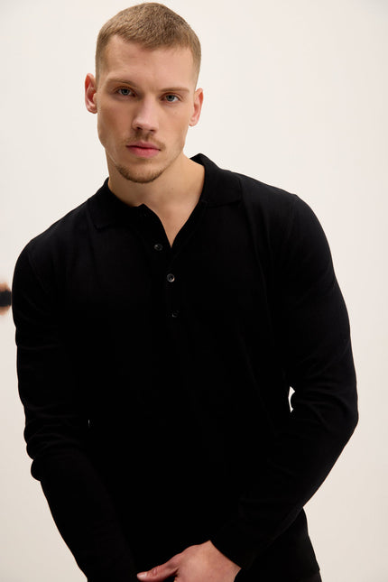 Men's Four Button-Down Polo Sweater - Black | Ron Tomson