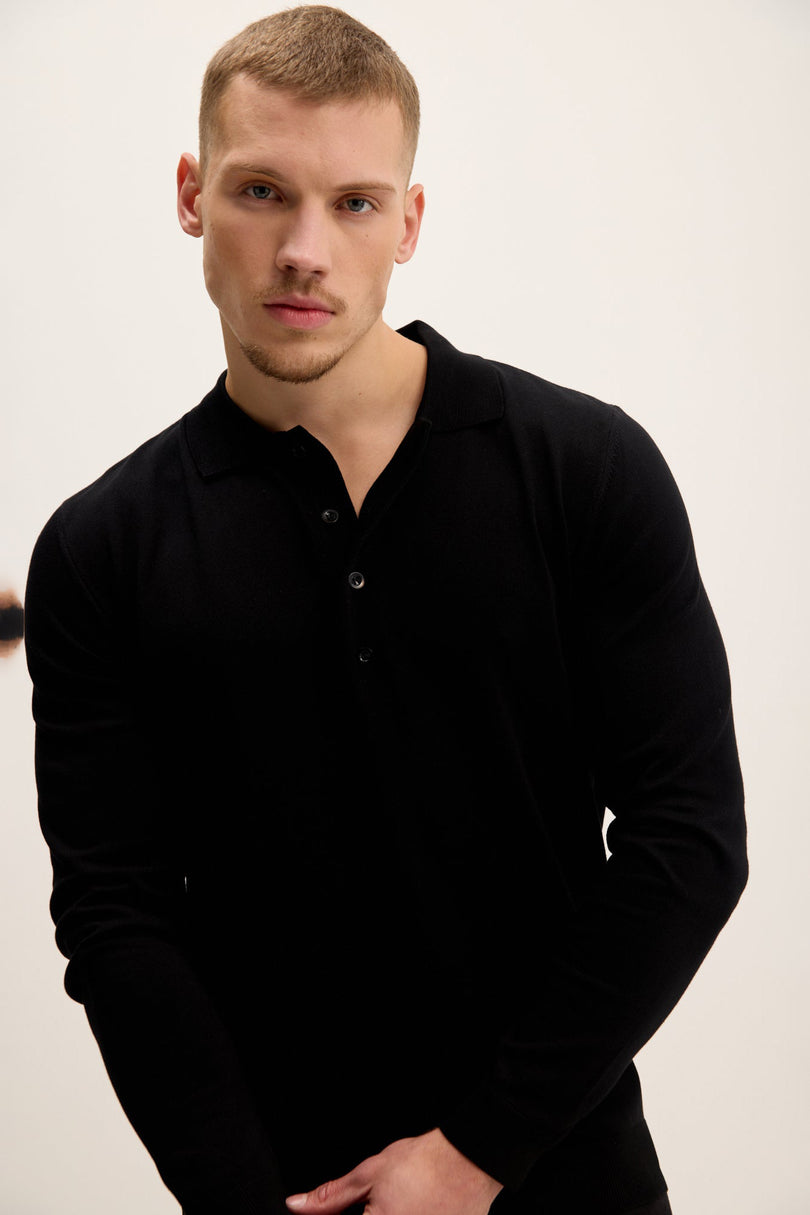 Men's Four Button-Down Polo Sweater - Black | Ron Tomson