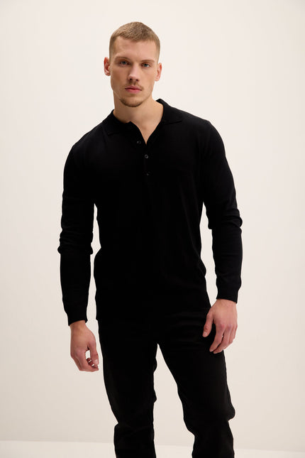 Men's Four Button-Down Polo Sweater - Black | Ron Tomson