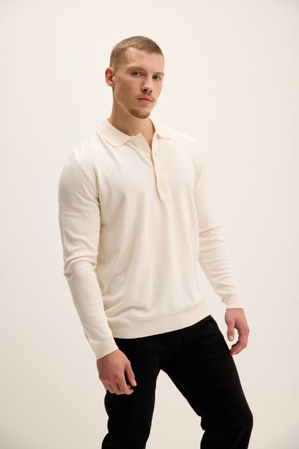 Men's Four Button-Down Polo Sweater - Ecru | Ron Tomson