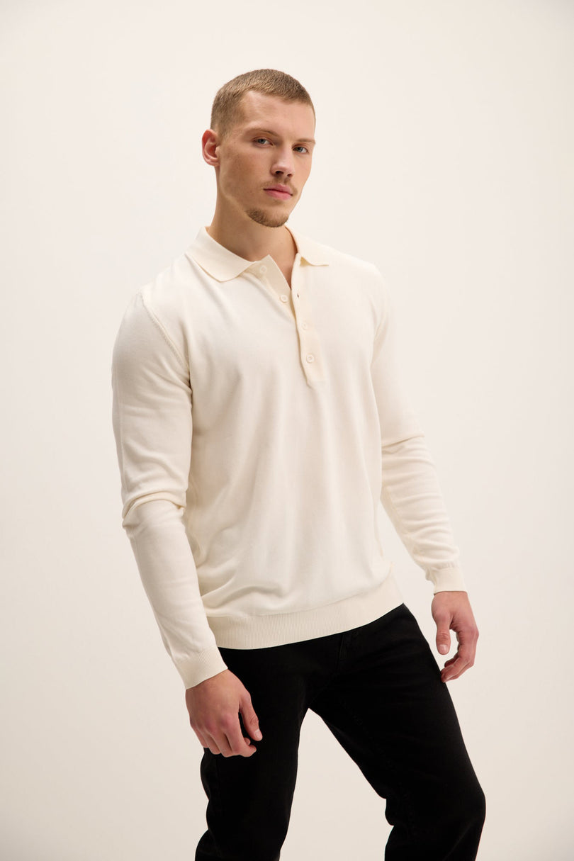 Men's Four Button-Down Polo Sweater - Ecru | Ron Tomson
