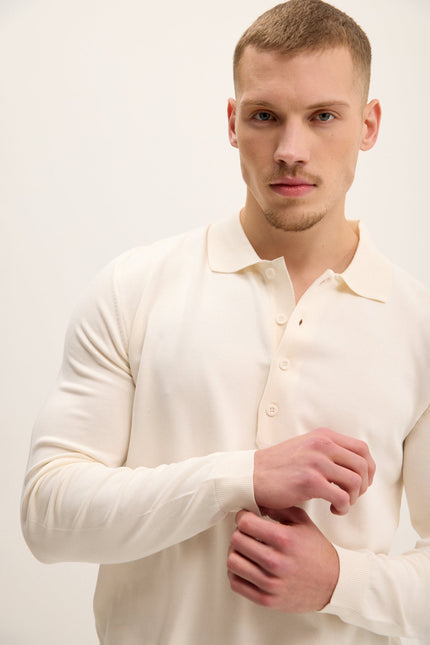 Men's Four Button-Down Polo Sweater - Ecru | Ron Tomson