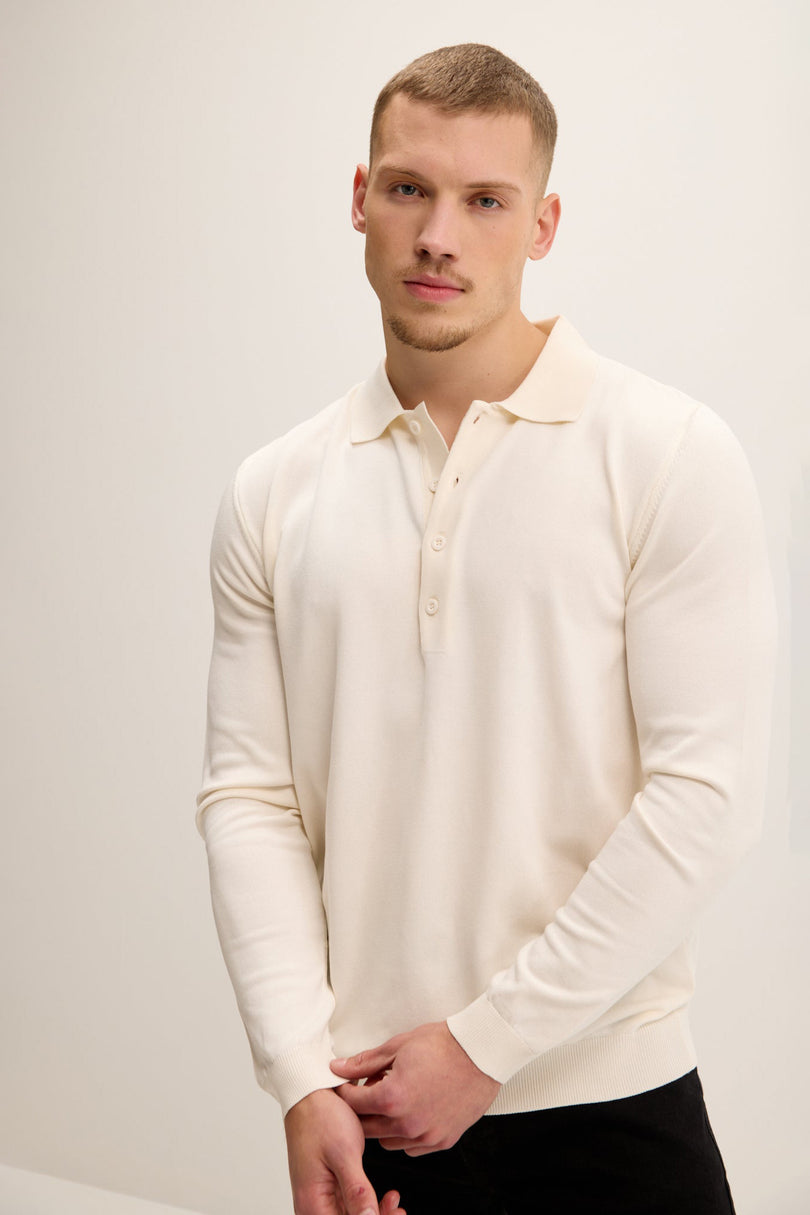 Men's Four Button-Down Polo Sweater - Ecru | Ron Tomson