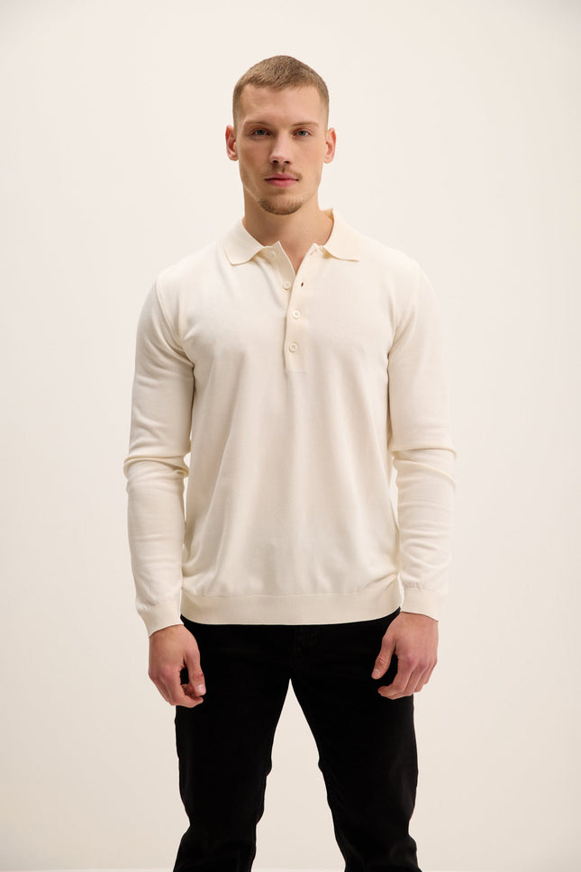Men's Four Button-Down Polo Sweater - Ecru | Ron Tomson