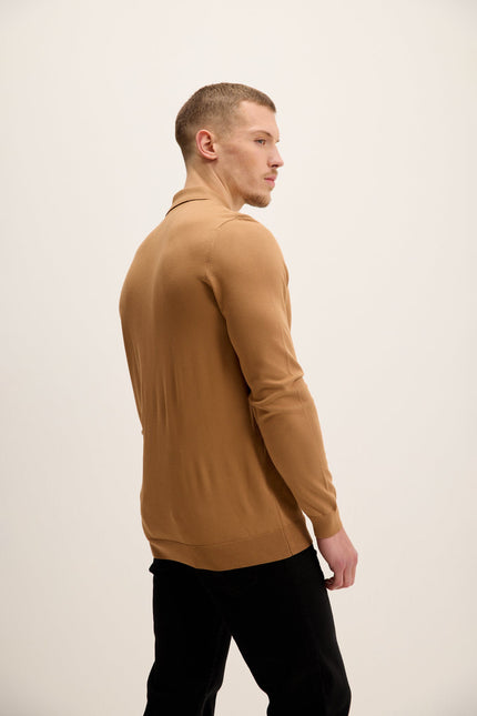 Men's Four Button-Down Polo Sweater - Camel | Ron Tomson
