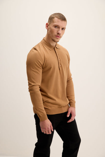 Men's Four Button-Down Polo Sweater - Camel | Ron Tomson