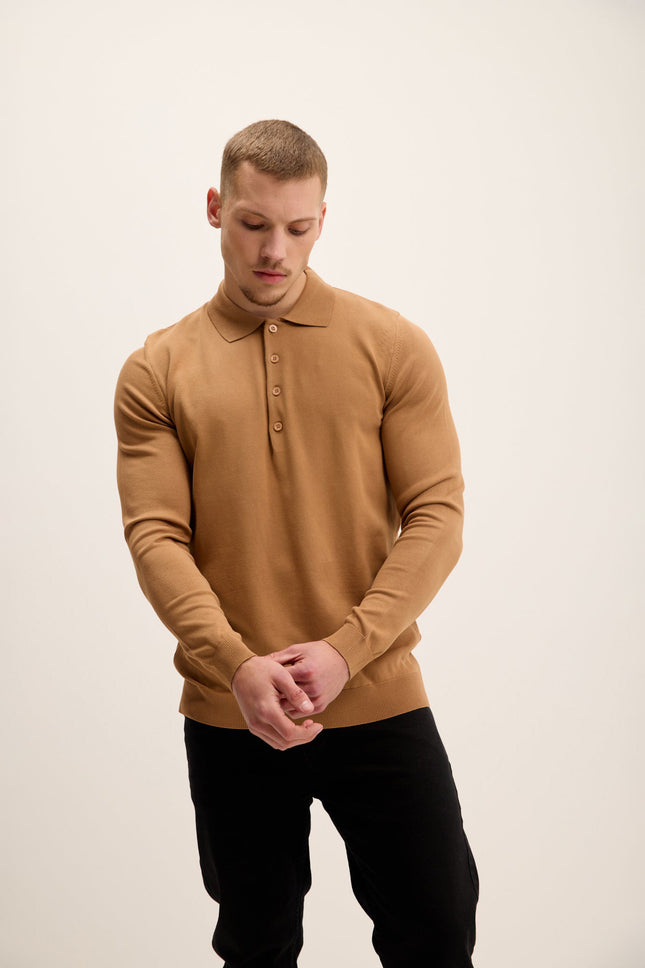 Men's Four Button-Down Polo Sweater - Camel | Ron Tomson