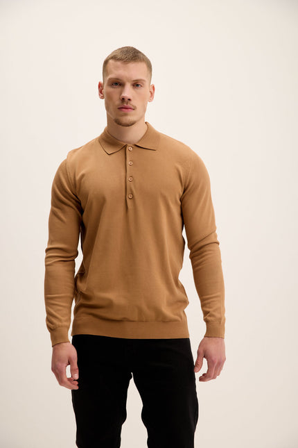 Men's Four Button-Down Polo Sweater - Camel | Ron Tomson