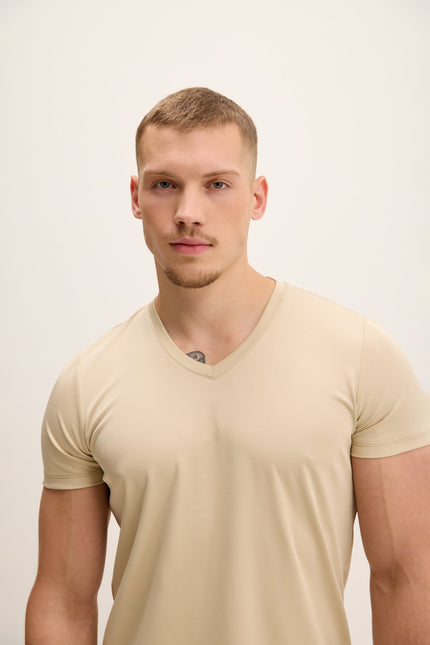 Men's V neck Fitted T-shirt - Beige | Ron Tomson