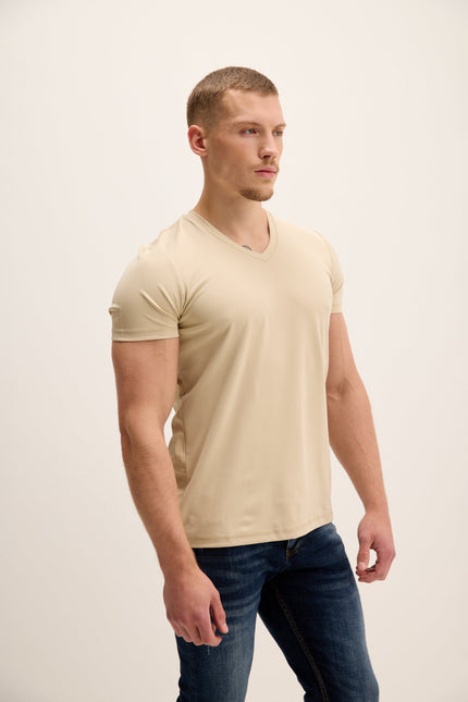 Men's V neck Fitted T-shirt - Beige | Ron Tomson