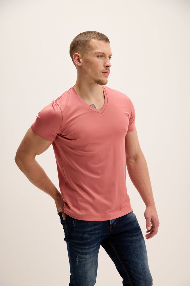 Men's Fitted V-Neck Tee - Pink | Ron Tomson