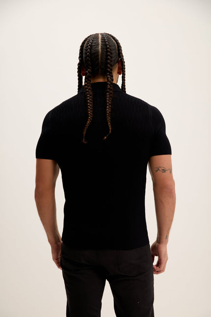 Men's Textured Short-Sleeve Polo Shirt - Black | Ron Tomson